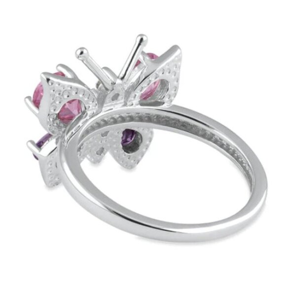 925 STERLING SILVER Simulated Amethyst & Pink Sapphire CZ Butterfly Ring - Picture 16 of 16